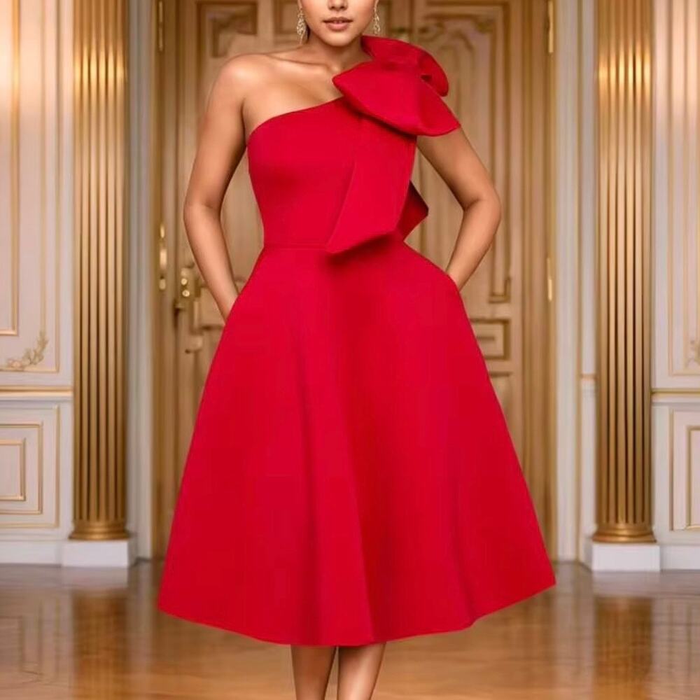 SHEIN Red One Shoulder Bow Fit & Flare Midi Cocktail Dress L